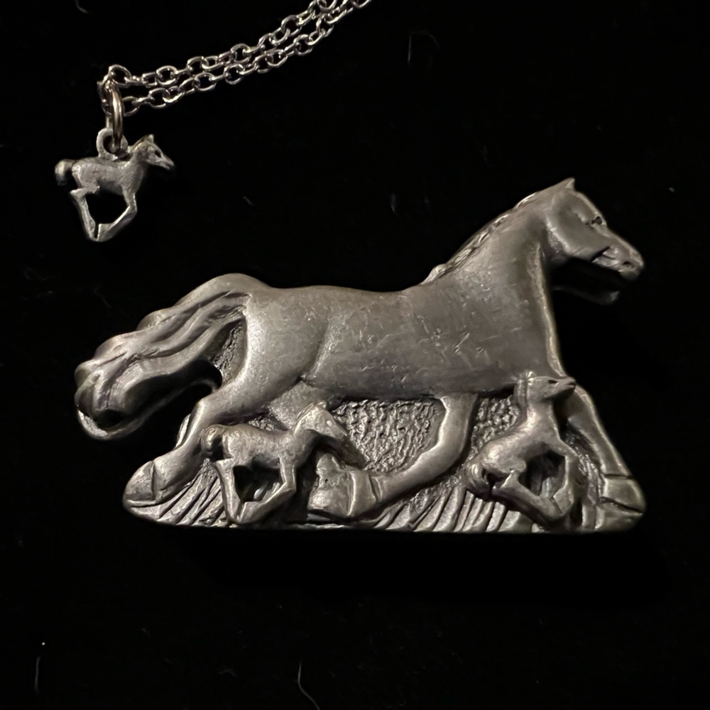 Silver Horse Pendant Necklace, earrings and pin